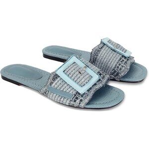 Women's Blue Buckle Straw Flats Woven Braided Rattan Slides Summer Sandals